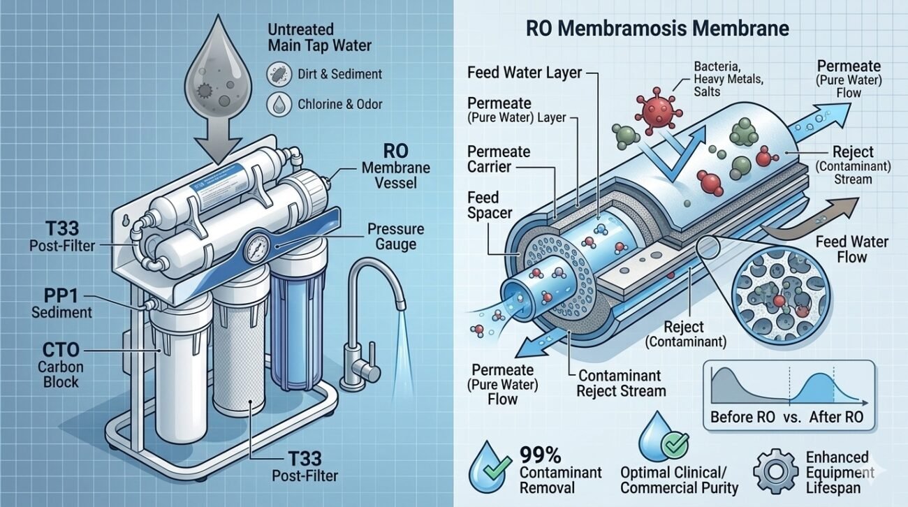 Specialized water filtration for dental clinics diagram. yourwatergood's 5-stage purification process highlights PP cotton and RO membrane stages to ensure sterile, pure water for patient care and instrument longevity.