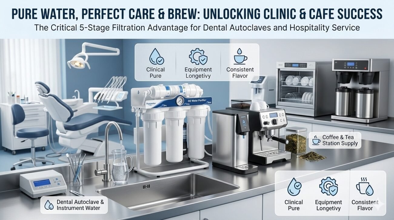 Comprehensive water filtration for dental clinics and cafes by yourwatergood. This 5-stage commercial system uses premium PP cotton to protect dental autoclaves and espresso machines from mineral buildup and sediment.