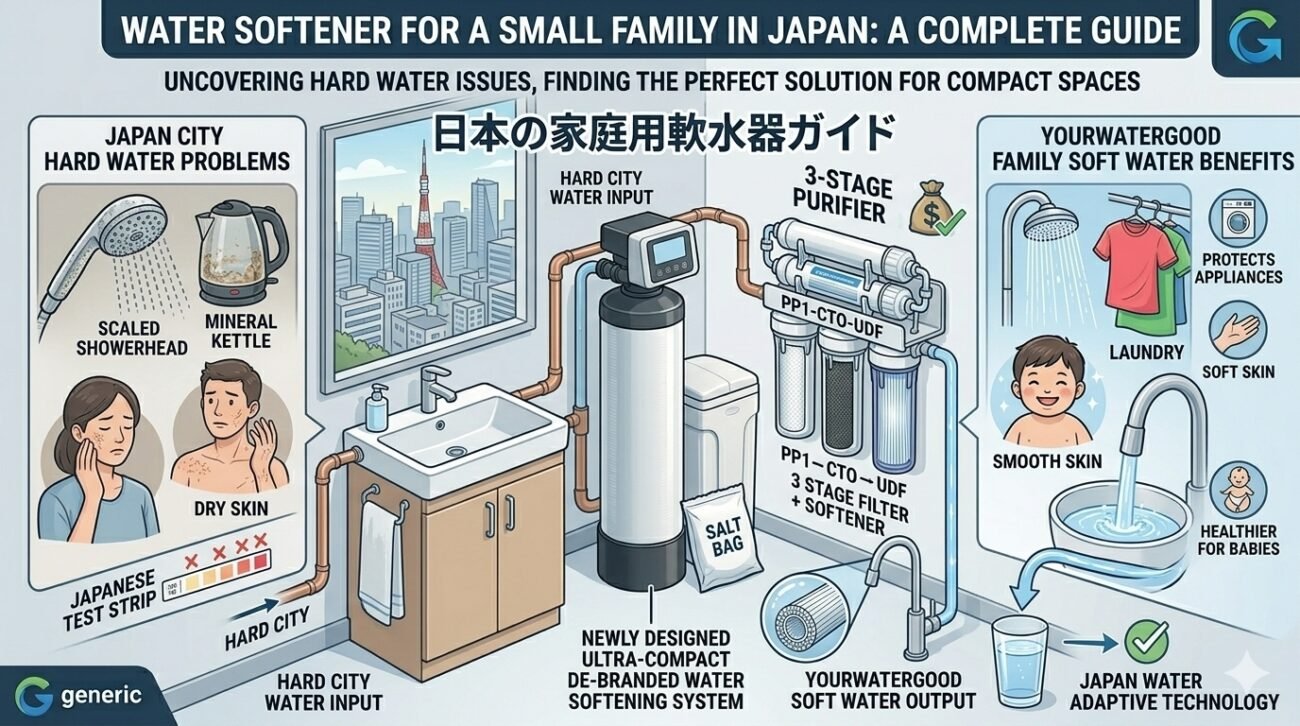 Finding the best water softener for a small family in Japan. This yourwatergood compact system solves Japanese city hard water issues like scale and dry skin using advanced PP cotton pre-filtration and smart softening technology.