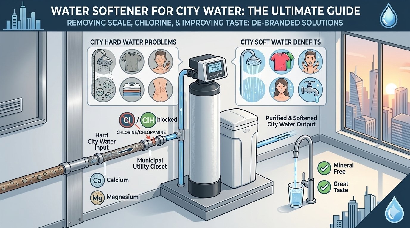 An infographic detailing a complete water softener for city water treatment by yourwatergood. It contrasts city hard water problems like scale and chlorine with soft water benefits, highlighting a multi-stage system using PP cotton pre-filtration and smart softening technology for pure, scale-free water.