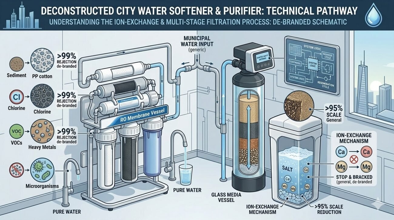 A deconstructed technical diagram of yourwatergood's integrated water softener for city water. This illustrative guide shows the sequential process of purification using PP cotton to remove sediment and chlorine, followed by the ion-exchange mechanism to eliminate scale-causing minerals, ensuring total city water purity.