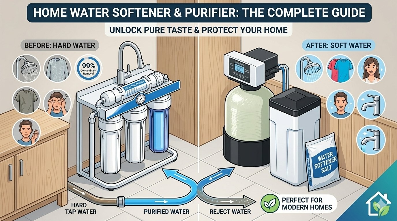 Effective water softener for home by yourwatergood. A split-screen comparison showing how our 5-stage RO system and softening tank use PP cotton to transform hard water into pure, soft water for better skin and laundry.