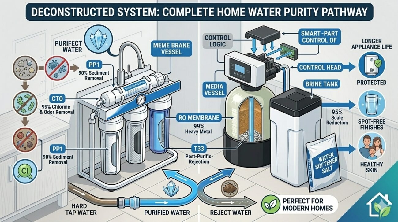 Deconstructed diagram of a home water softener and 5-stage RO system by yourwatergood. Highlighting the role of PP cotton in sediment removal and the smart control valve for optimal water softening performance.