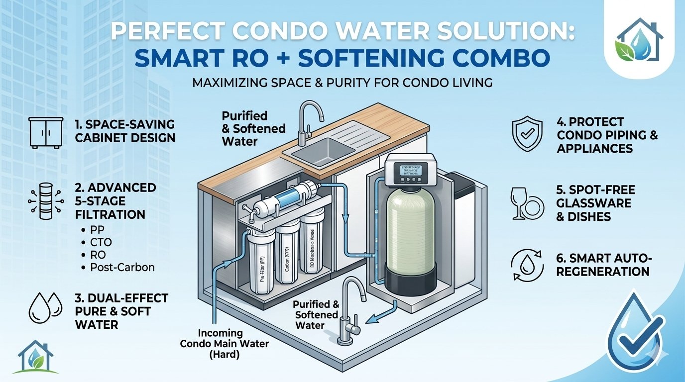 Premium water softeners for condos by yourwatergood. This integrated system combines a compact 5 stage RO purifier with industrial-grade PP cotton and a smart softening tank to provide pure, scale-free water for luxury apartment living.
