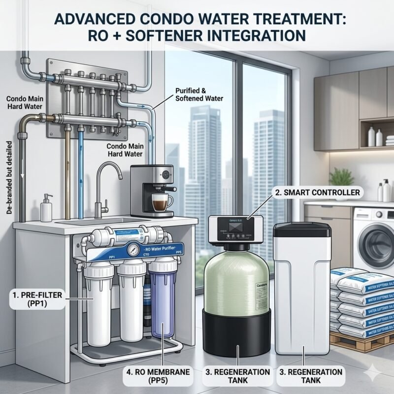Advanced water softeners for condos technical layout from yourwatergood. Showcasing the synergy between a 5 stage RO unit and a smart regeneration tank, utilizing high-density PP cotton to protect condo appliances and piping.