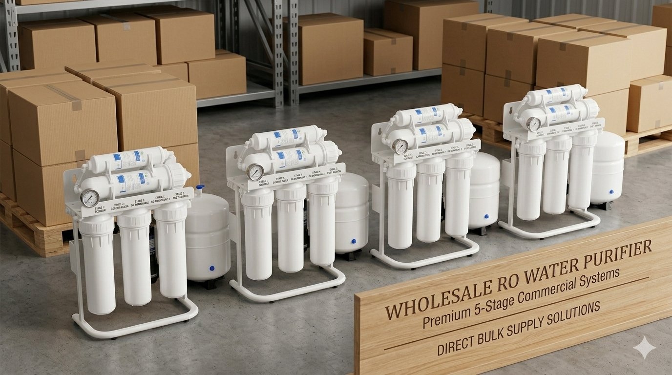 Warehouse view of stacked unbranded brown boxes and multiple stand-mounted wholesale RO water purifier units on wooden pallets and shelves, representing mass distribution and bulk supply.