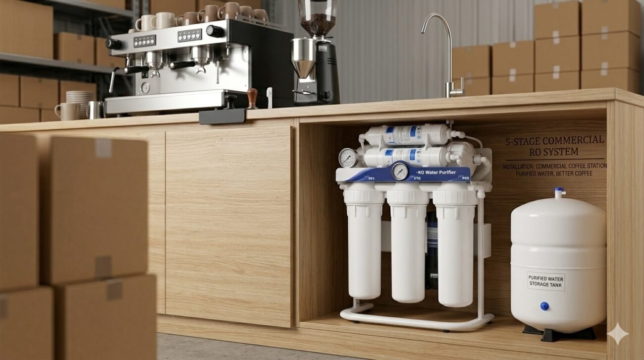 Technical behind-the-scenes view of an integrated wholesale RO water purifier system with 5-stage stand-mounted RO filters, a storage tank, and clear water lines directly connected to a high-end commercial espresso machine manifold and grinder, showing efficient bulk water treatment for coffee service.