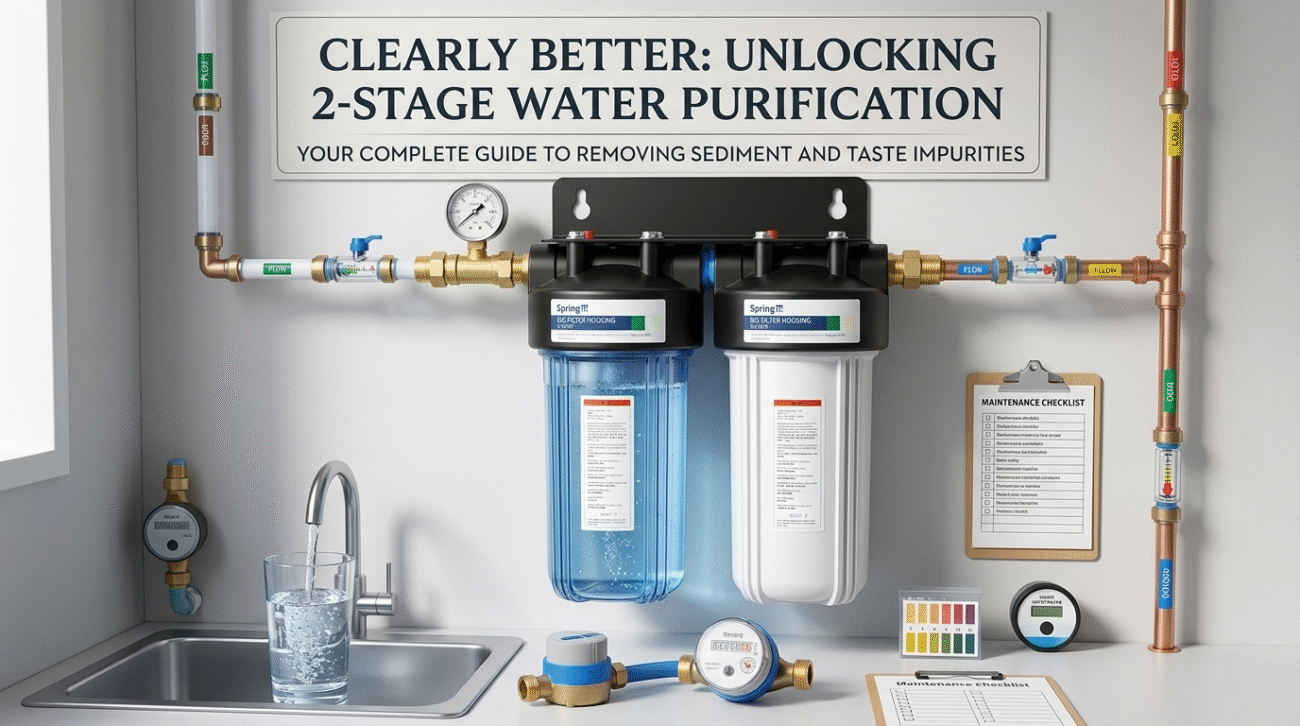 A comprehensive guide to 2 stage water filters for home shown with a dual-stage system installed for sediment and taste purification.