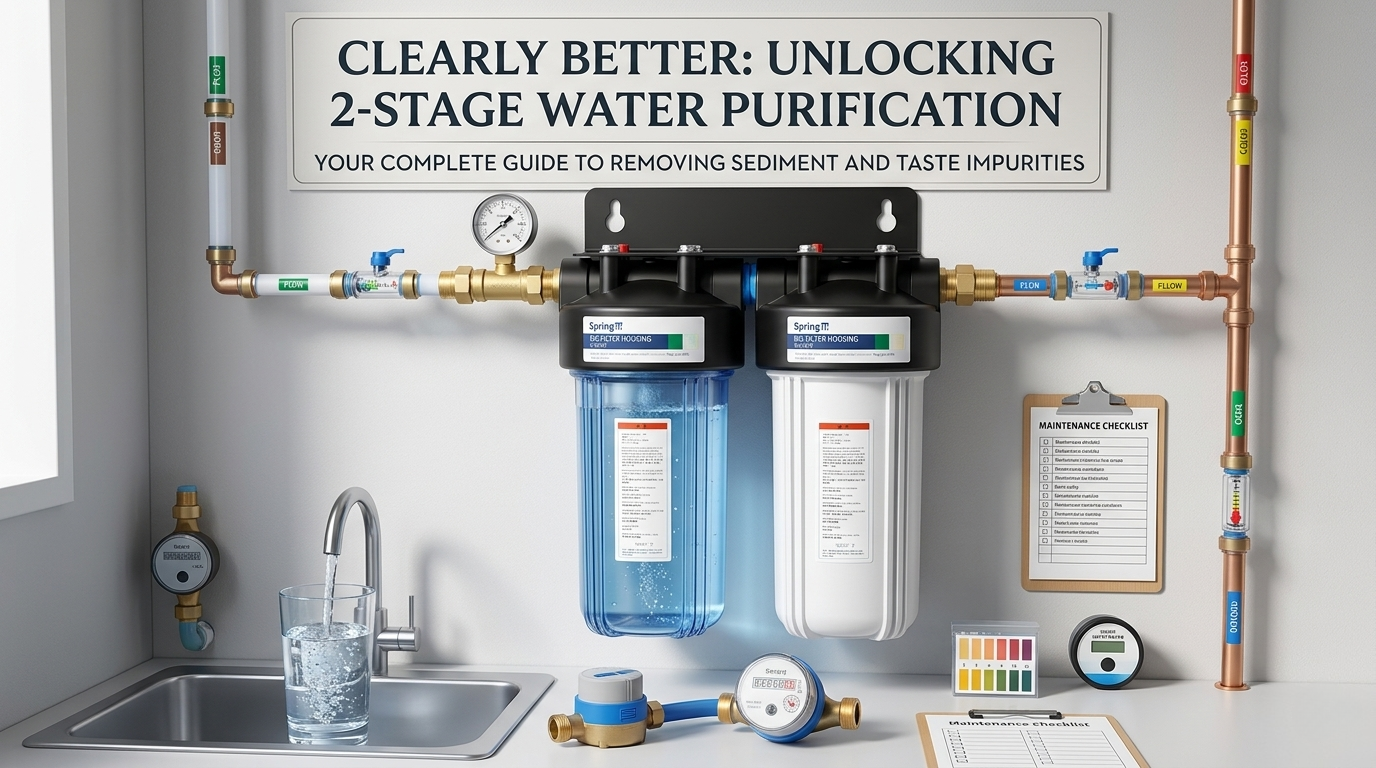A comprehensive guide to 2 stage water filters for home shown with a dual-stage system installed for sediment and taste purification.