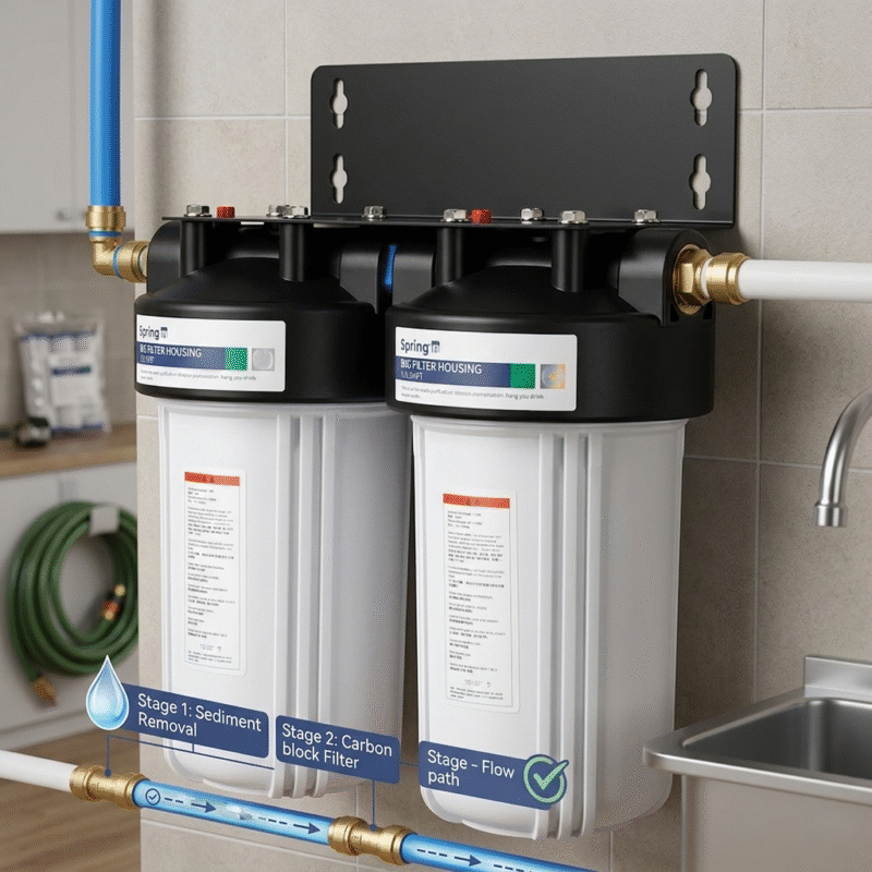 Technical diagram of 2 stage water filters illustrating stage 1 sediment removal and stage 2 carbon block filtration for superior water quality.