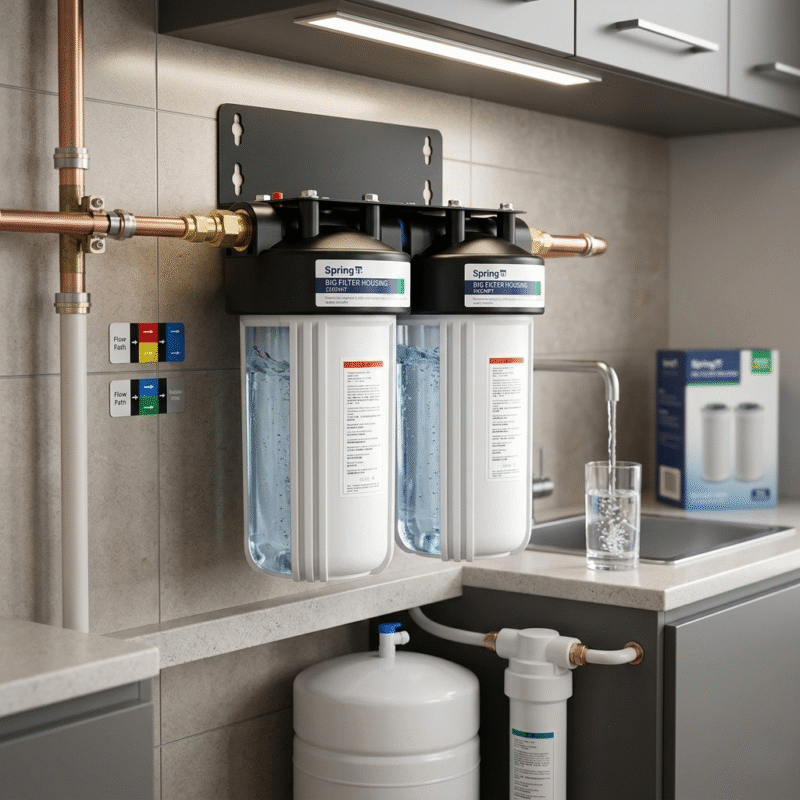 Under-sink installation of 2 stage water filters in a modern kitchen providing clean drinking water through professional filtration housings.