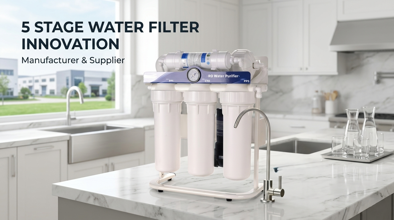 Professional 5 stage water filter manufacturer&supplier showcasing a high-capacity RO system on a marble countertop in a modern home kitchen.