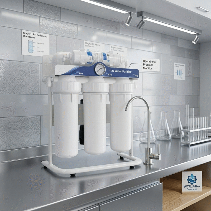 Detailed view of an RO unit from a 5 stage water filter manufacturer&supplier featuring an operational pressure monitor and multi-stage sediment filtration.