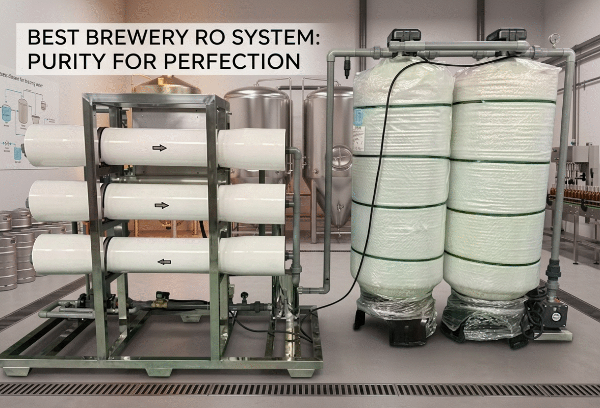 Installation of the best industrial reverse osmosis system for breweries featured in a modern craft beer production facility with large fermentation tanks.