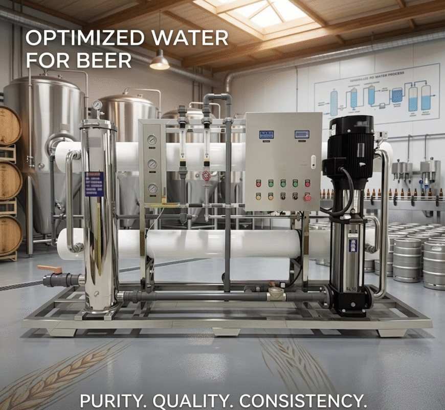 Advanced stainless steel water purification unit, recognized as the best industrial reverse osmosis system for breweries, positioned on a brewery floor with oak barrels.