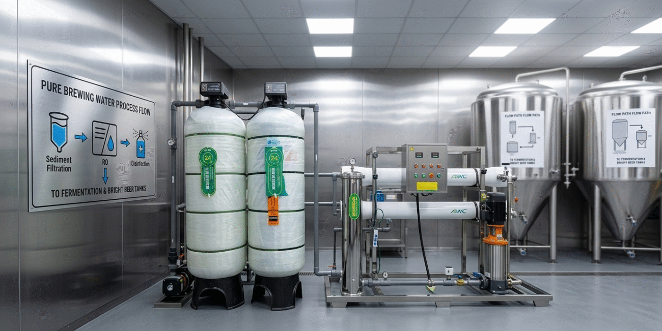 Discover the best industrial reverse osmosis system for breweries installed in a stainless steel facility with fermentation tanks for pure brewing water production.