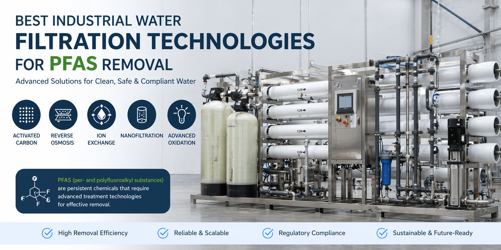 Industrial water filtration system for PFAS removal featuring reverse osmosis, activated carbon, and advanced treatment technologies