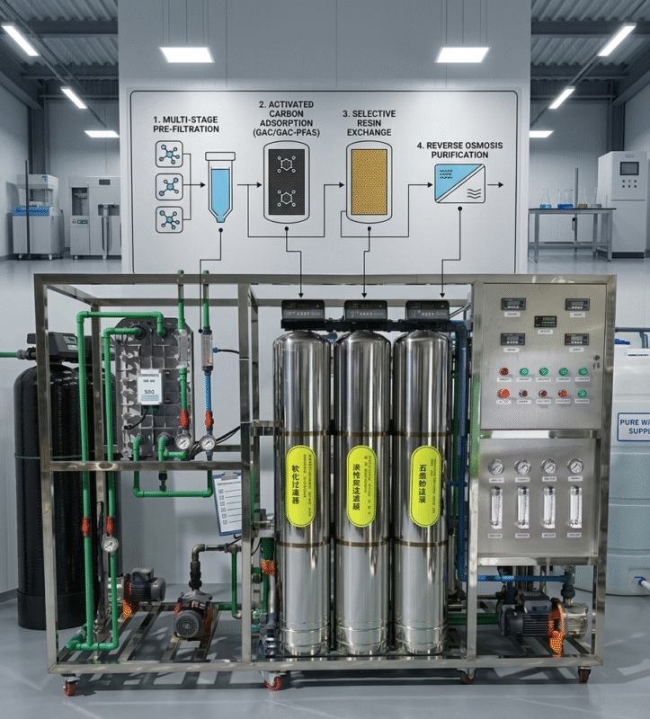 Comparing the best industrial water filtration technologies for PFAS removal featuring activated carbon adsorption and selective resin exchange in a high-tech lab.