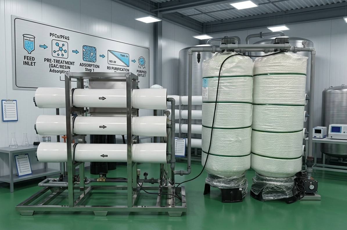 Illustration of the best industrial water filtration technologies for PFAS removal using multi-stage adsorption and advanced RO membranes for purified water output.