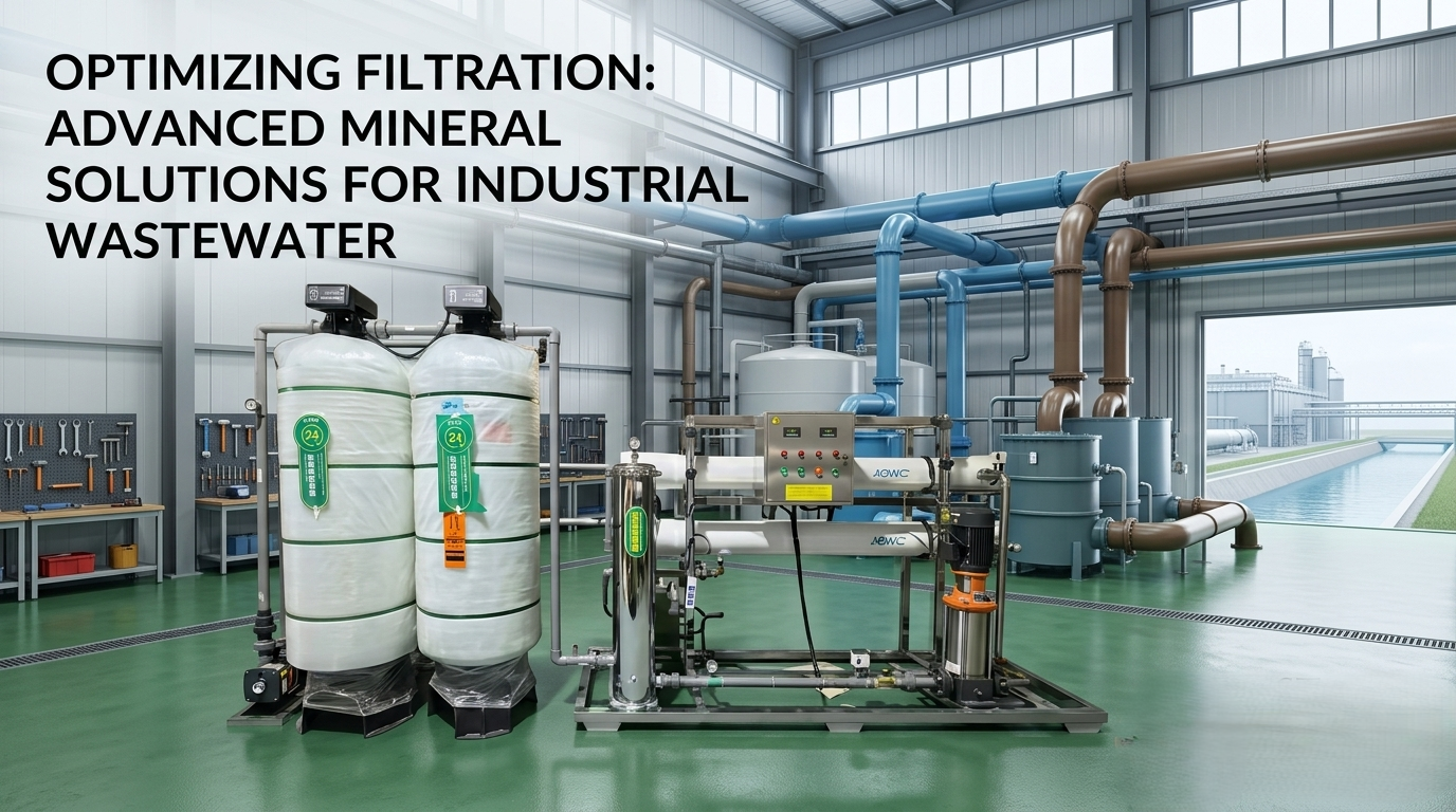 Best mineral solutions for industrial wastewater filtration featured in a high-capacity treatment plant with advanced piping and external processing units.