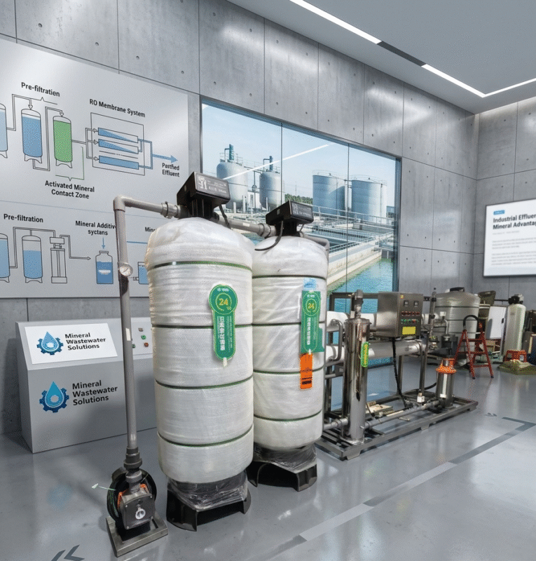 Technical layout showing the best mineral solutions for industrial wastewater filtration within a multi-stage RO membrane and mineral contact system.
