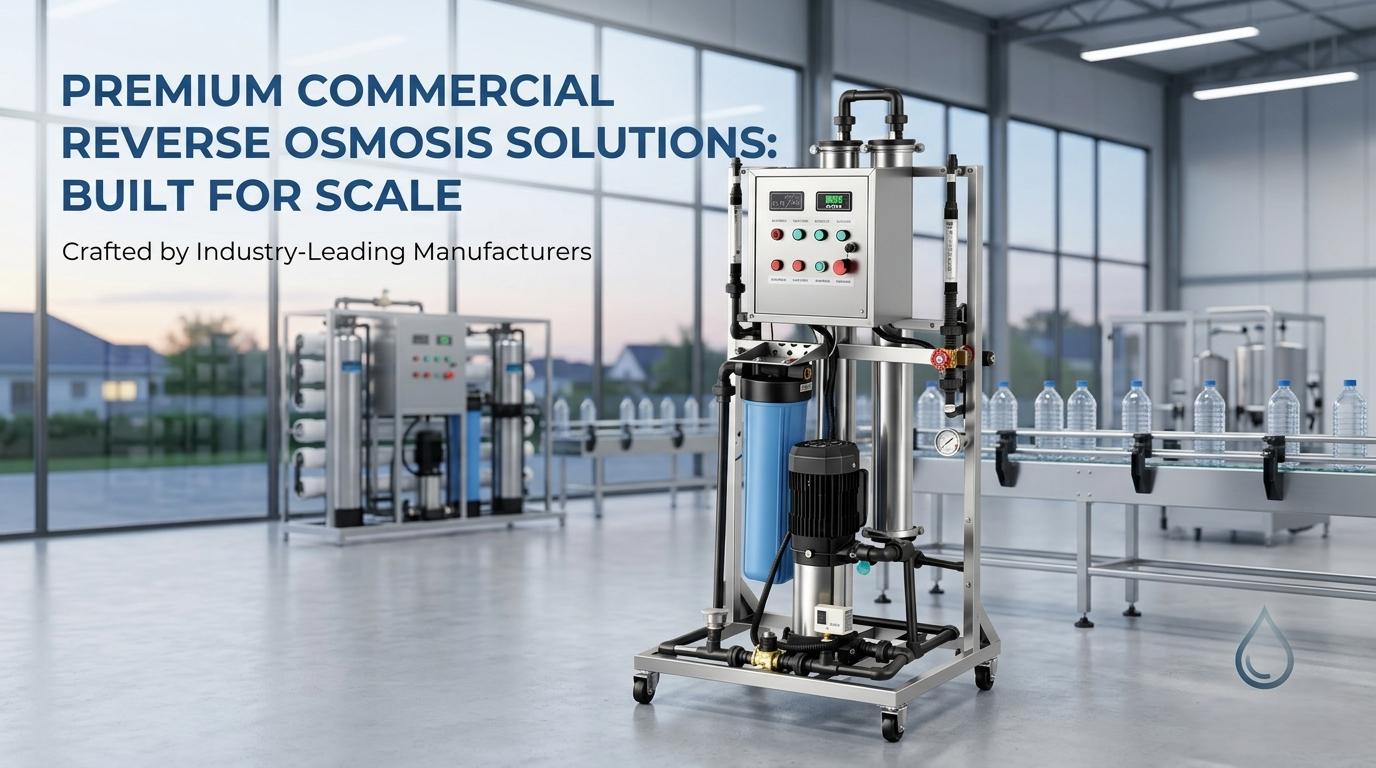 Commercial reverse osmosis system manufacturers showcasing a scalable RO solution with a multi-stage flow diagram and a facility view.
