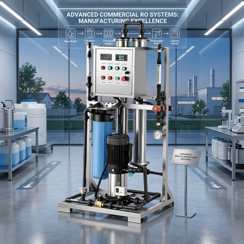 A high-output commercial reverse osmosis system installed in a modern clean-room bottling facility by specialized manufacturers.