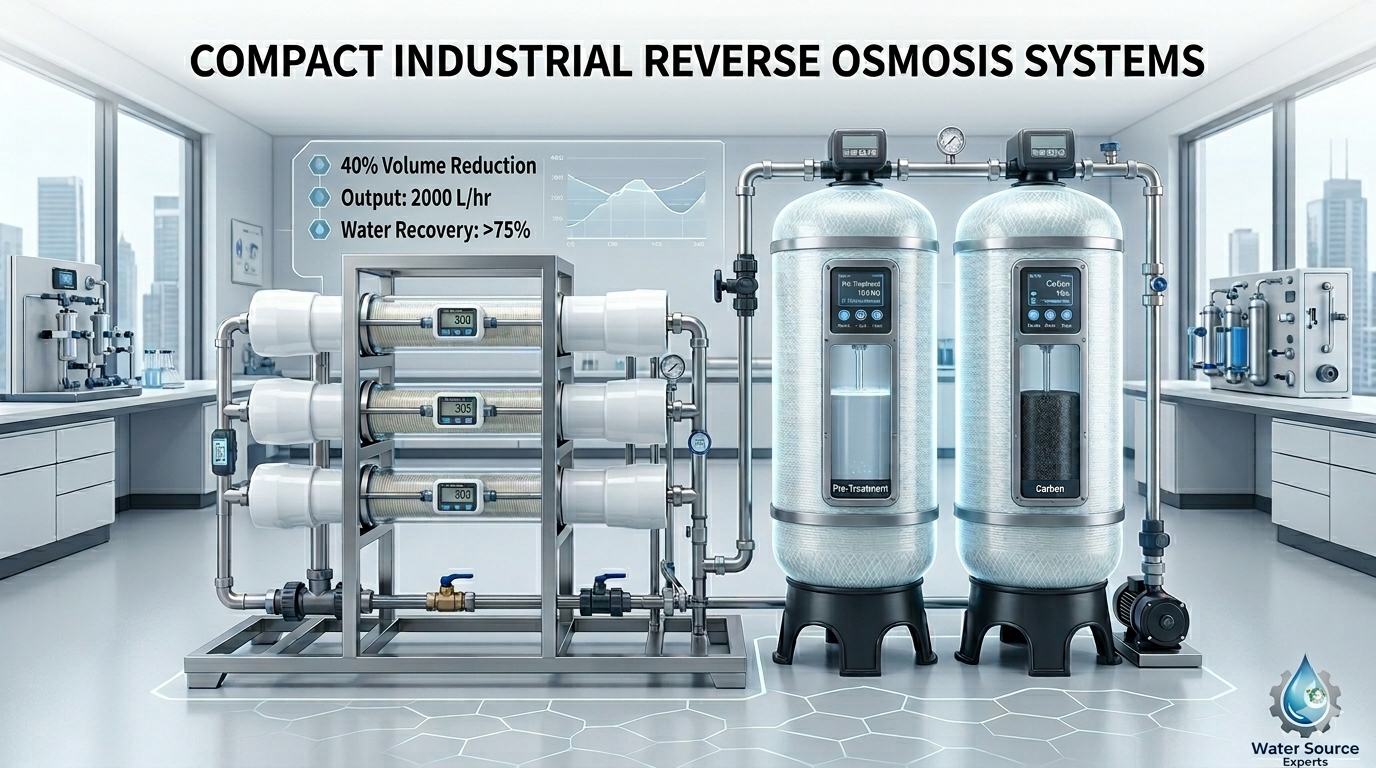 A compact industrial reverse osmosis system featured in a modern facility with technical specifications for water recovery and output.
