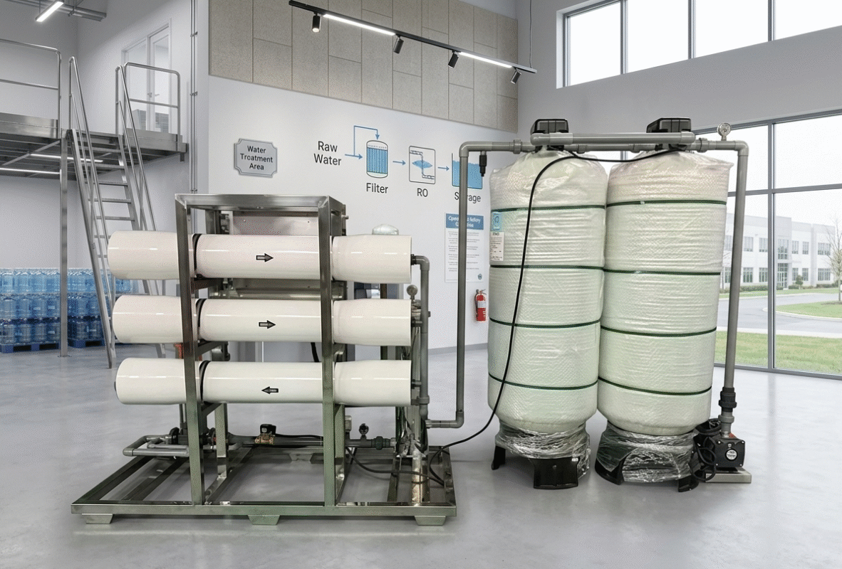 Compact industrial reverse osmosis system installed in a clean water treatment area of a factory or manufacturing plant.
