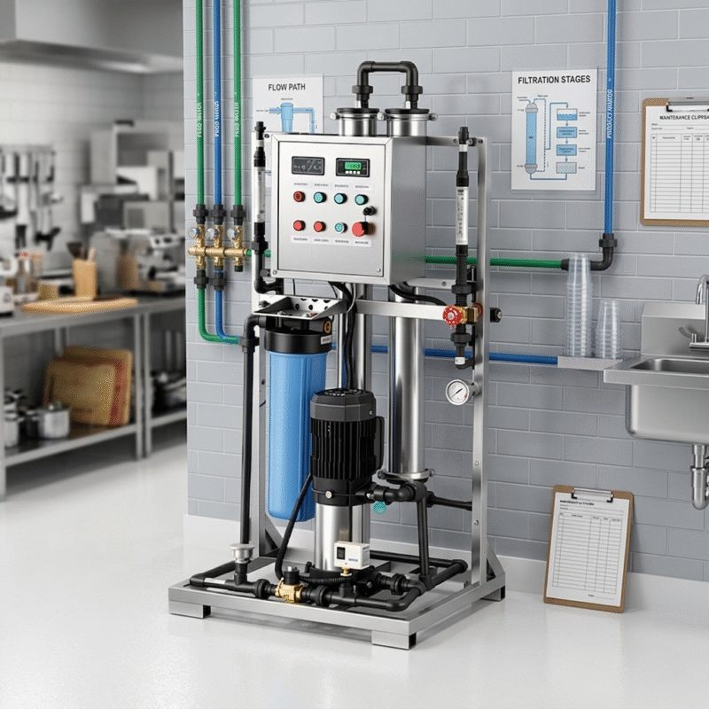 Space-saving compact ro water purifiers for commercial kitchens installed near a prep sink with an organized maintenance log for staff.