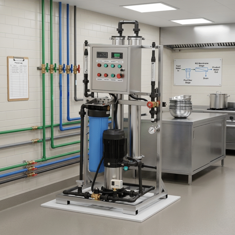Efficient compact ro water purifiers for commercial kitchens showing color-coded piping and flow paths in a modern stainless steel kitchen.