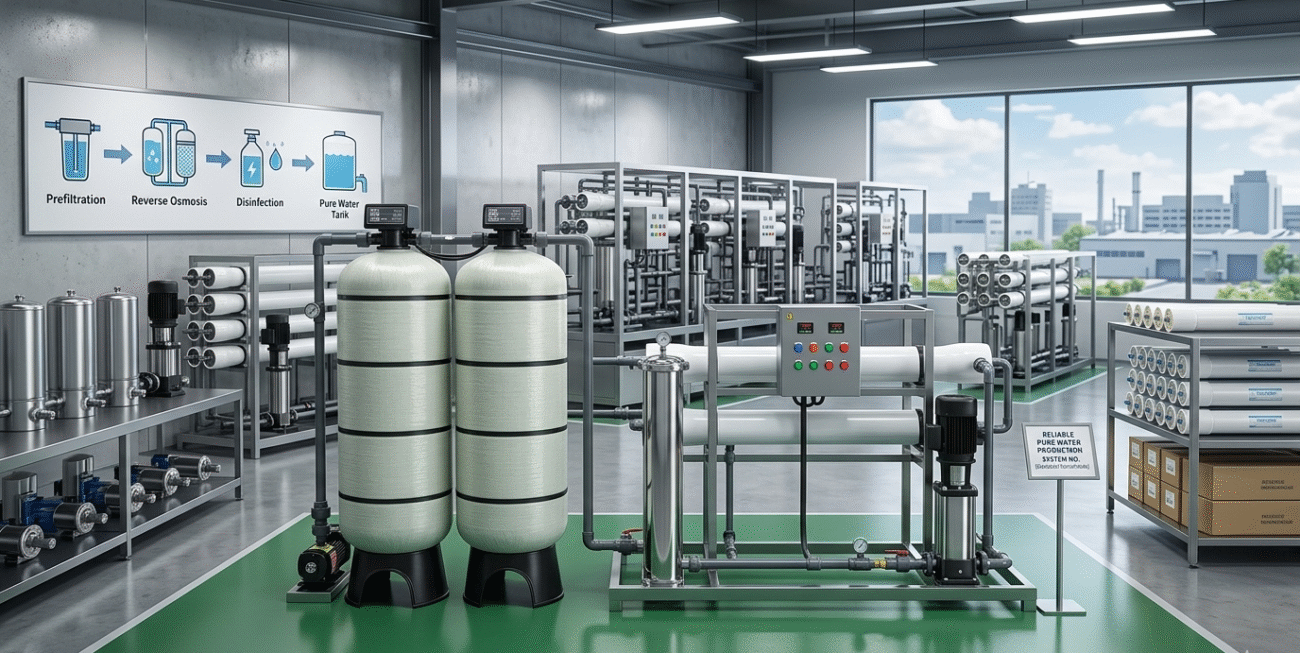 Premium industrial reverse osmosis system manufacturers & supplier showroom featuring advanced multi-stage filtration units in a modern high-tech facility.