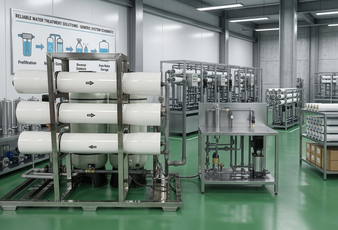 Expert industrial reverse osmosis system manufacturers & supplier providing heavy-duty water treatment solutions with integrated pre-filtration and RO membrane units.