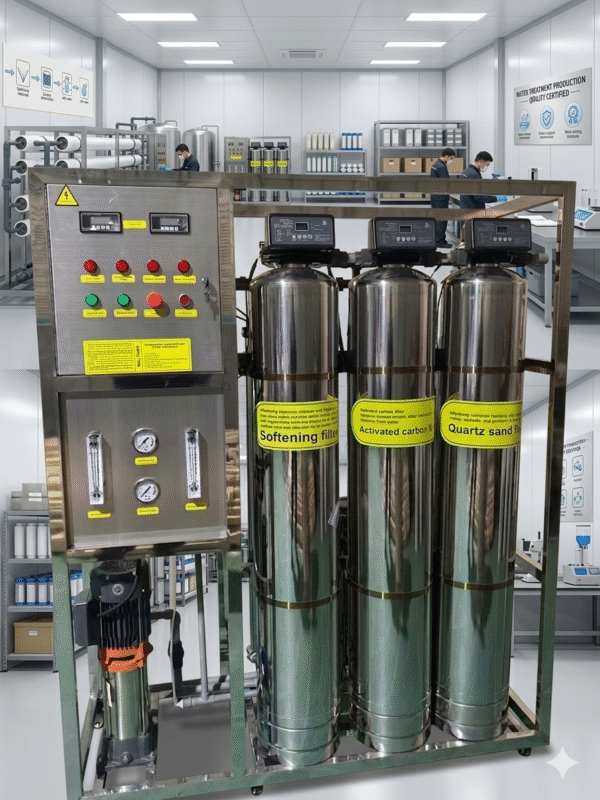 Leading industrial reverse osmosis system manufacturers & supplier displaying quality certified water softening and sand filtration equipment in a clean factory.