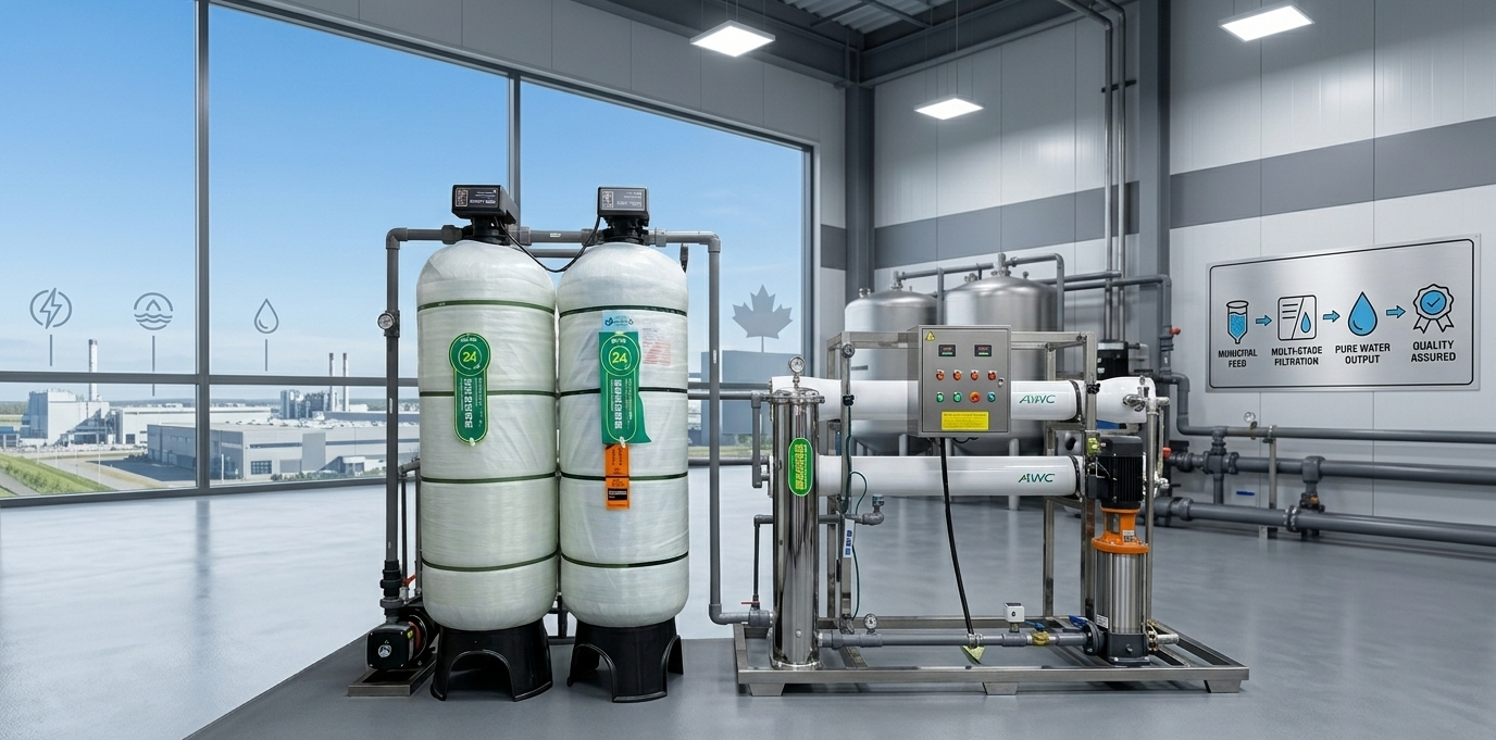 Premium industrial reverse osmosis systems Canada showroom with a modern factory view, highlighting multi-stage water purification for large-scale facilities.