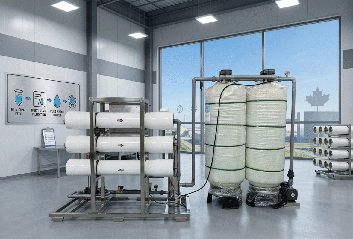Reliable industrial reverse osmosis systems Canada featuring heavy-duty RO membrane housings and pre-treatment tanks for high-purity water production.