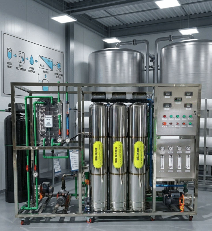 Integrated industrial reverse osmosis systems Canada with vertical stainless steel filtration tanks and EDI unit for pharmaceutical and electronics industries.