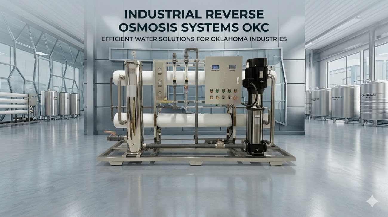 Industrial reverse osmosis systems OKC installation in a high-tech factory providing efficient water purification and filtration for Oklahoma industries.