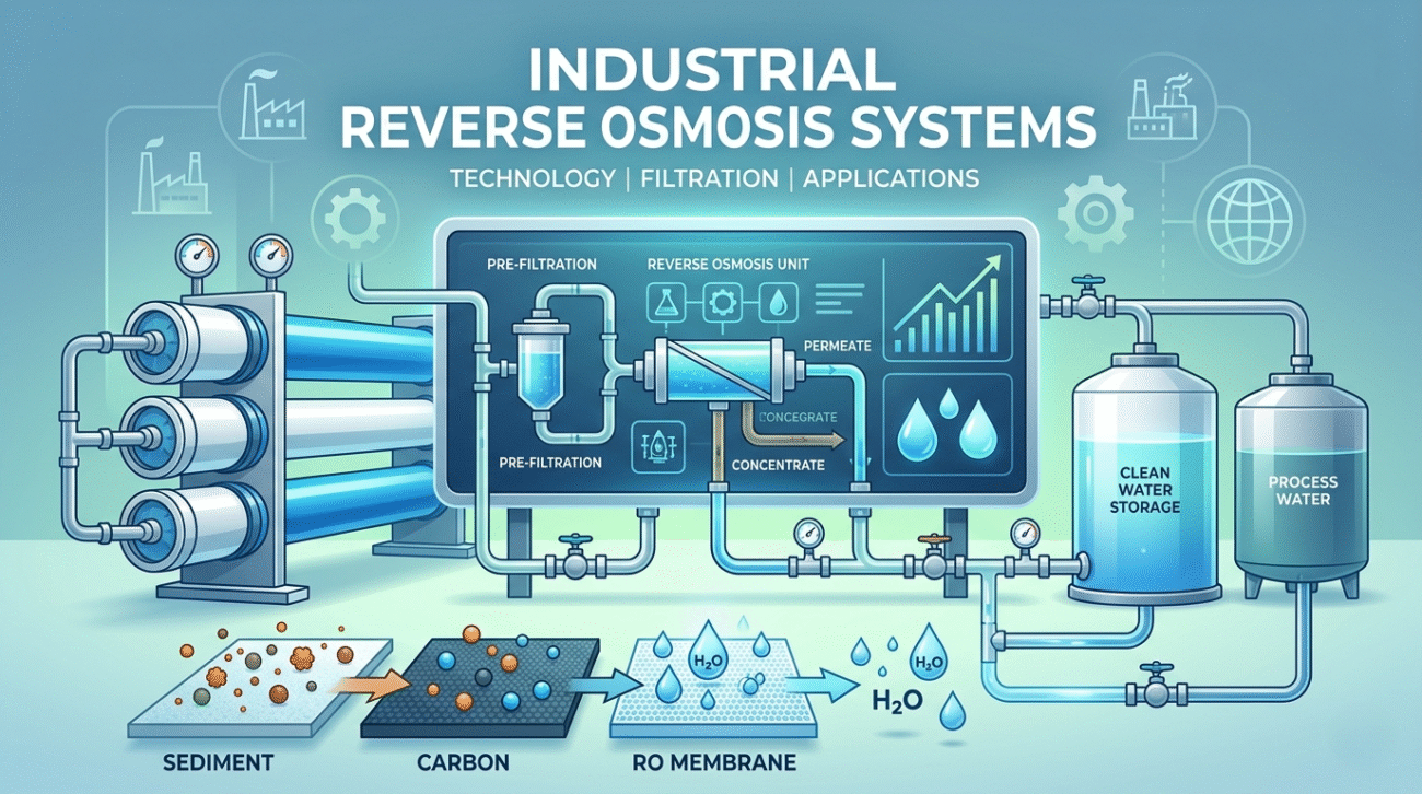 Industrial reverse osmosis systems supplier providing high-tech filtration solutions including RO membranes, carbon filters, and clean water storage for manufacturing.