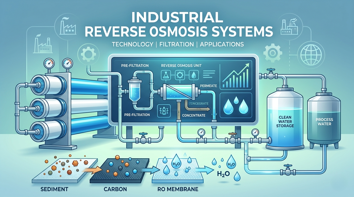 Industrial reverse osmosis systems supplier providing high-tech filtration solutions including RO membranes, carbon filters, and clean water storage for manufacturing.