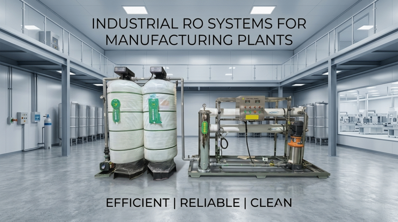 Professional installation of industrial RO systems for manufacturing plants in a modern facility featuring high-capacity filtration and storage tanks.