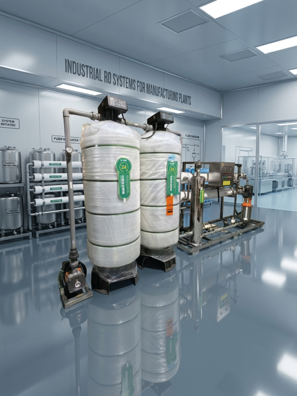 Advanced unit from a supplier of industrial RO systems for manufacturing plants integrated into a cleanroom production environment with high-gloss flooring.