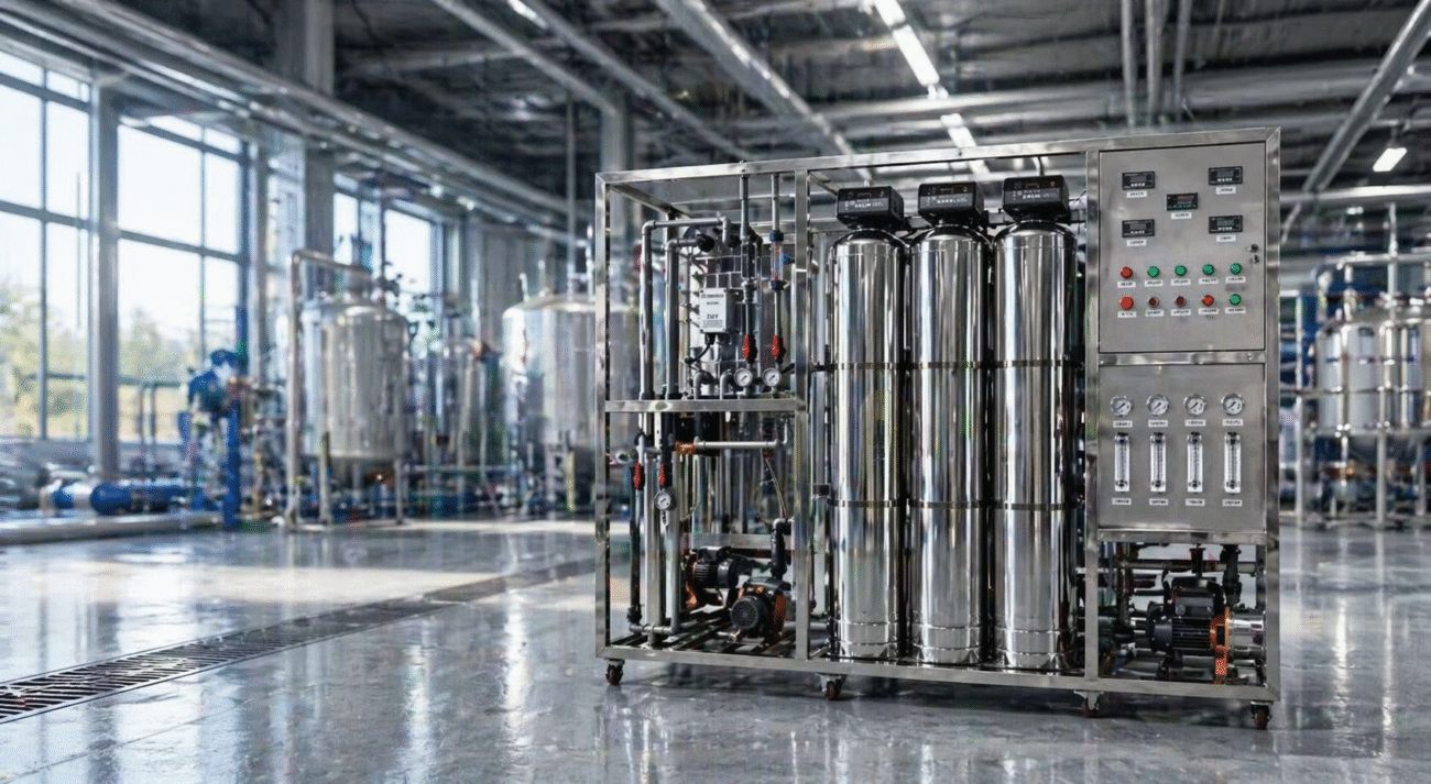 Industrial water purification system for factory water treatment with multi-stage filtration tanks and automated control system