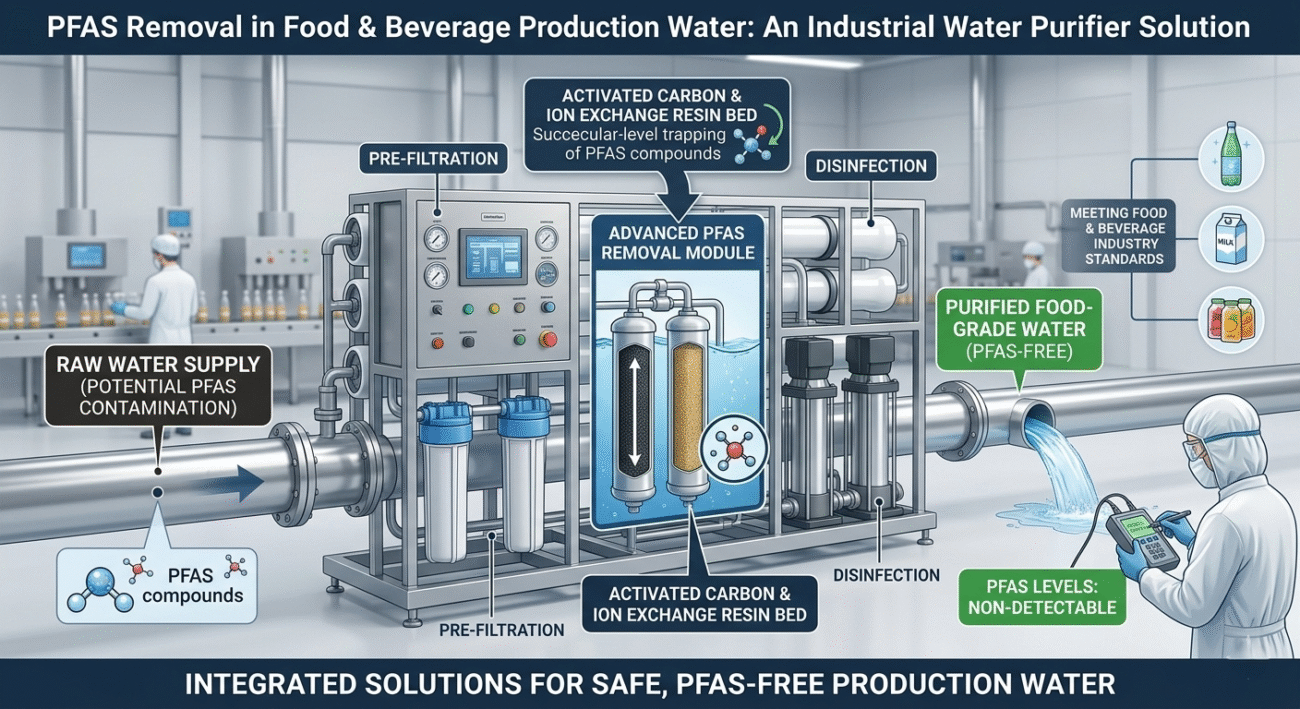 Advanced industrial water purifier for PFAS removal in food & beverage production water featuring activated carbon and ion exchange resin technology.
