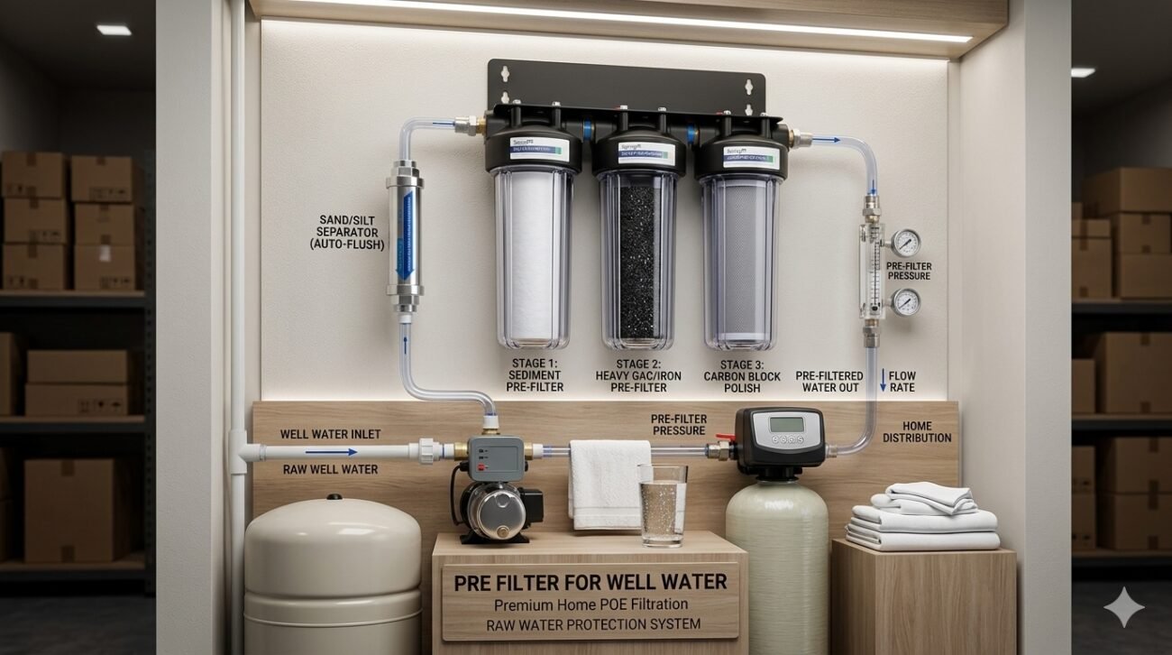 Professional home installation of a pre filter for well water system featuring 3-stage filtration housings, a sand and silt separator, and a central water softener unit in a clean utility room.