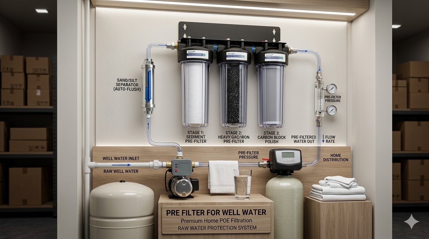 Professional home installation of a pre filter for well water system featuring 3-stage filtration housings, a sand and silt separator, and a central water softener unit in a clean utility room.