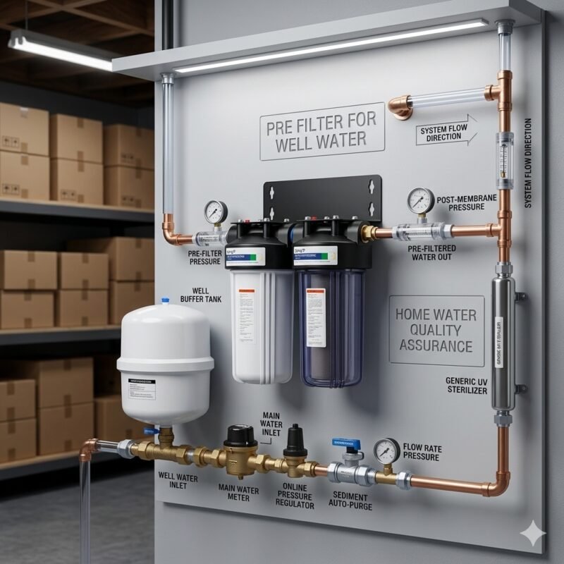 Detailed setup of a pre filter for well water with heavy-duty filter housings, copper piping manifold, UV sterilizer, and auto-purge sediment valves for premium home water quality assurance.