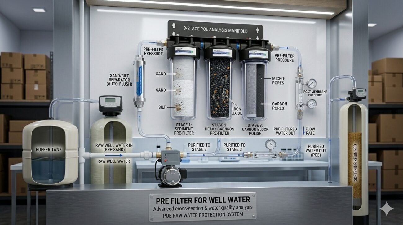 Technical cross-section view of a pre filter for well water showing stages for sediment, GAC iron removal, and carbon block filtration with integrated pressure gauges and a buffer tank.