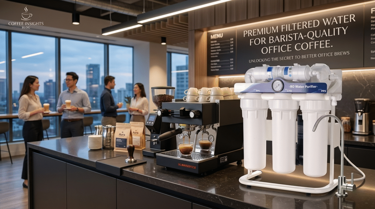 Premium filtered water for barista-quality office coffee shown with a 5-stage RO system in a modern corporate coffee lounge.