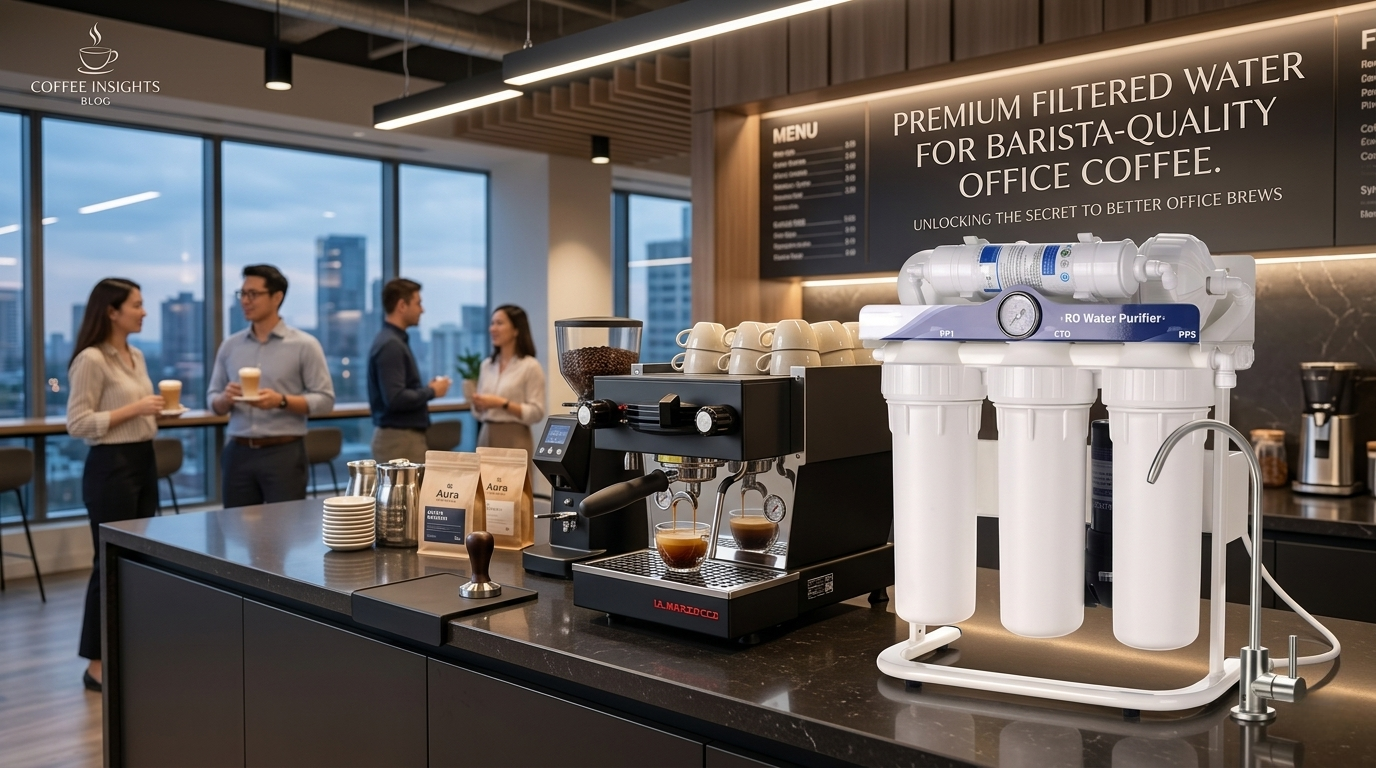 Premium filtered water for barista-quality office coffee shown with a 5-stage RO system in a modern corporate coffee lounge.